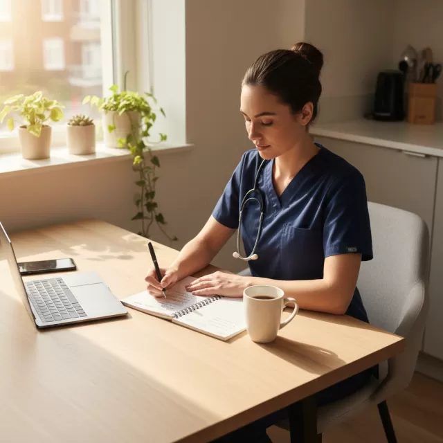Nurse writing career goals in notebook at home with morning coffee