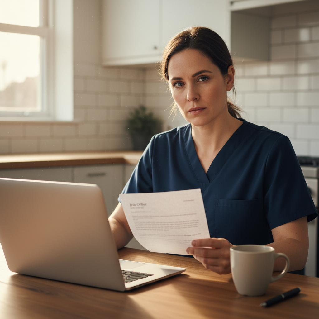 Healthcare professional reviewing job offer letter at home with laptop and documents on table