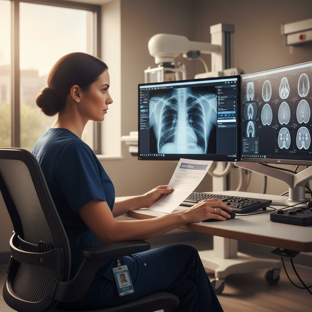 Radiology technologist reviewing job offer at PACS workstation in modern imaging department