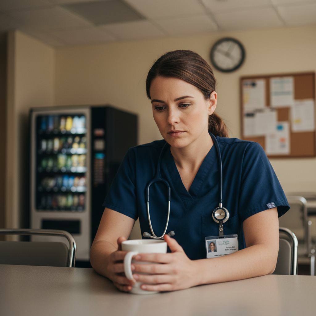 Nurse taking quiet break alone in hospital break room, holding coffee mug in contemplation