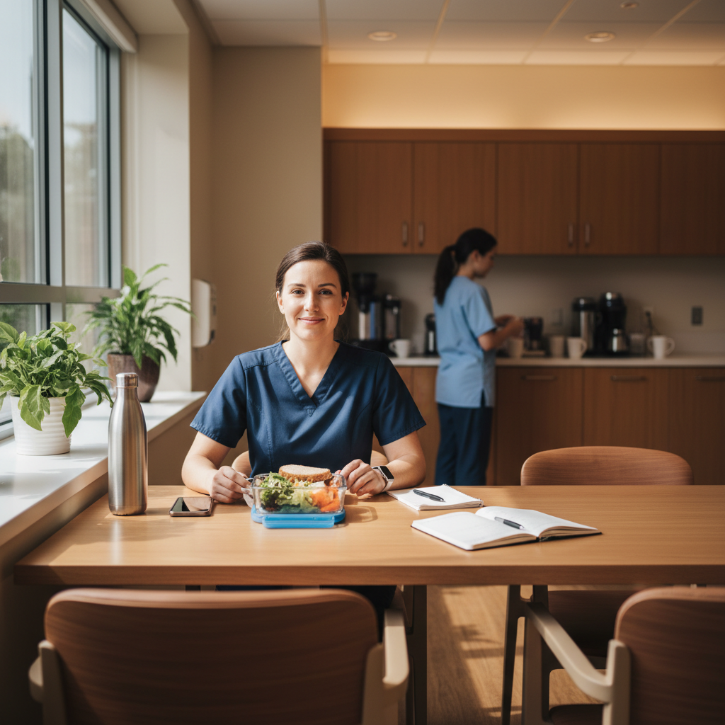 Healthcare professional relaxing in modern hospital break room during lunch