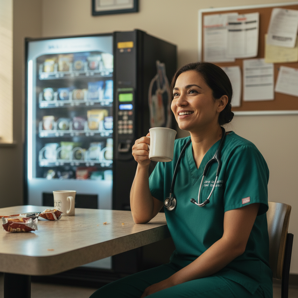 Healthcare professional laughing in hospital break room with coffee