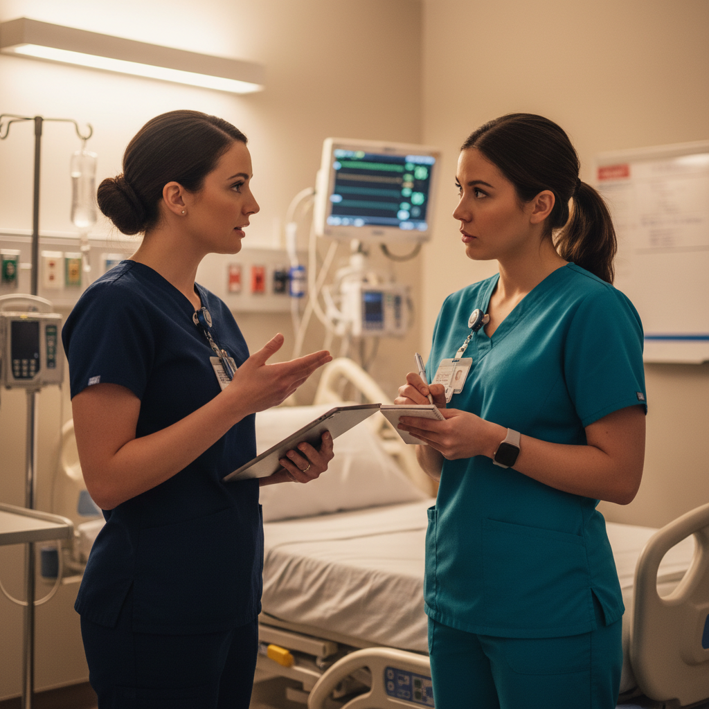 Two nurses conducting structured SBAR handoff communication during shift change in hospital patient room