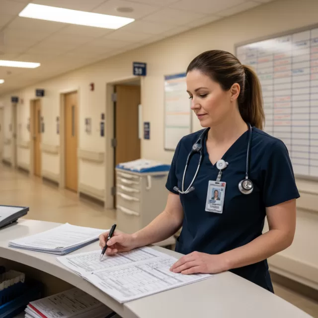 Charge nurse reviewing staff assignments at hospital nurses station with paperwork and stethoscope