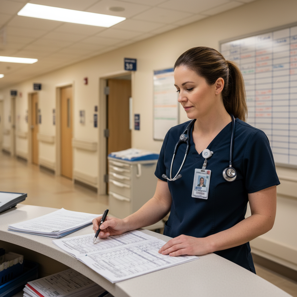 Charge nurse reviewing staff assignments at hospital nurses station with paperwork and stethoscope
