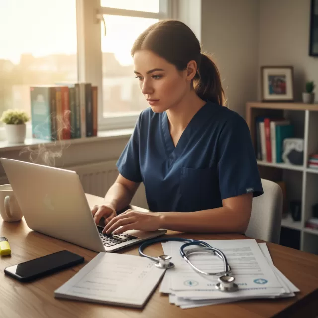 New graduate nurse reviewing job applications and residency programs on laptop at home
