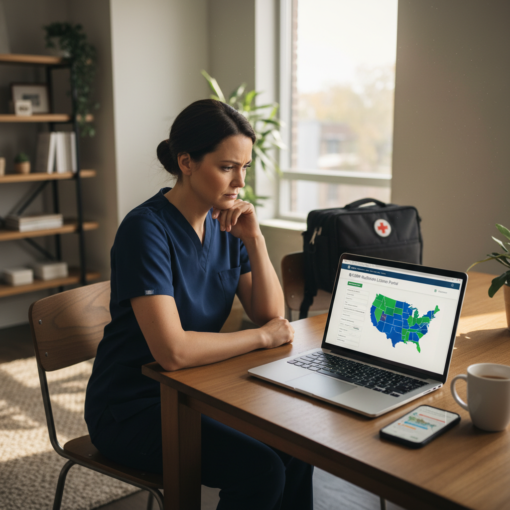 Travel nurse reviewing multistate nursing license information on laptop in apartment