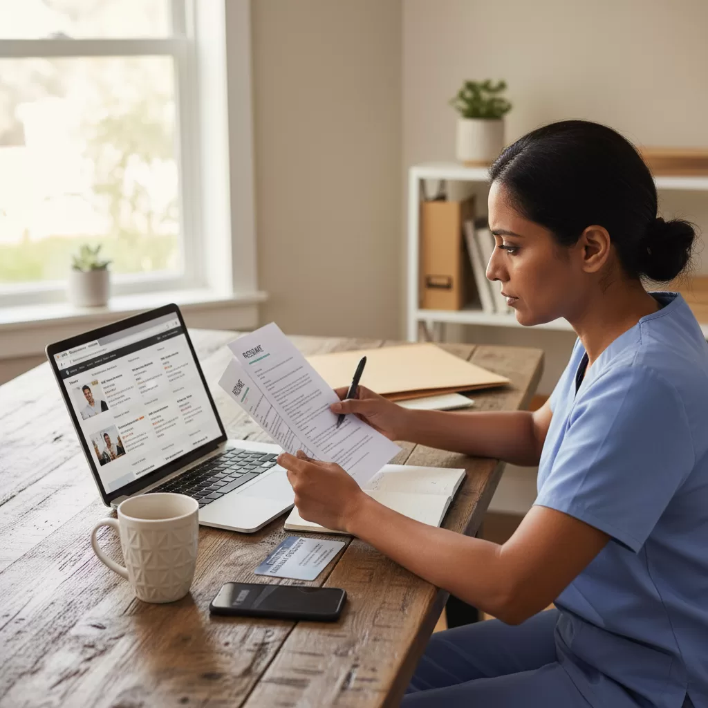 Radiology technologist reviewing job listings and resume at home office desk with certification card visible