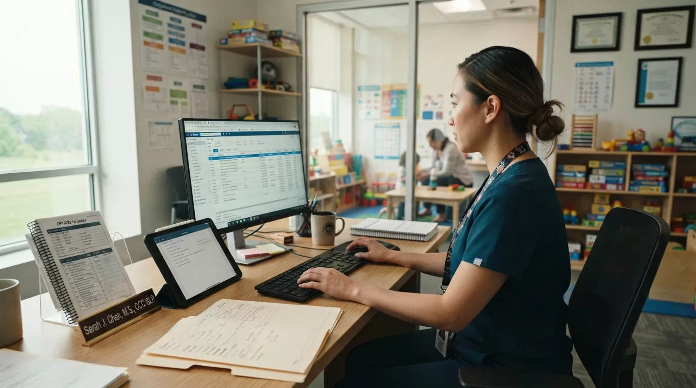 Speech-language pathologist reviewing billing codes at clinic computer workstation