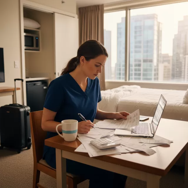 Travel nurse reviewing tax documents and receipts at desk in furnished apartment during assignment