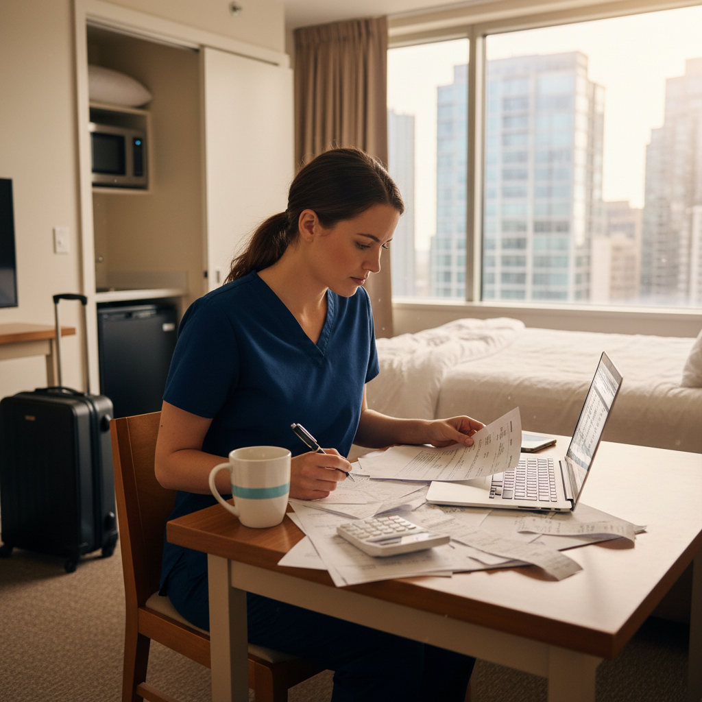 Travel nurse reviewing tax documents and receipts at desk in furnished apartment during assignment