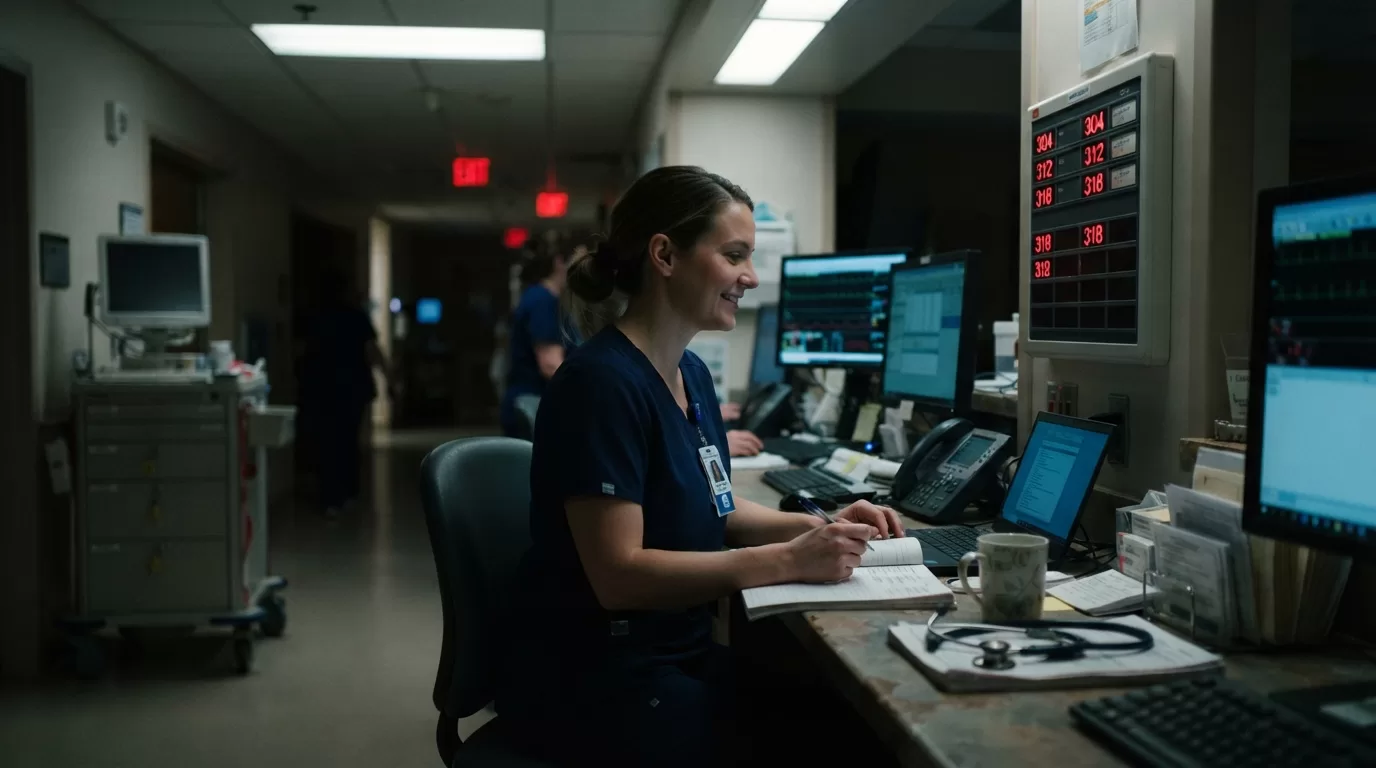 Night shift nurse at hospital station reviewing patient calls during early morning hours