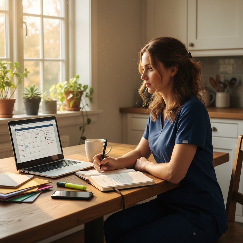 Nurse planning clinical goals at home kitchen table with laptop and journal on Sunday morning