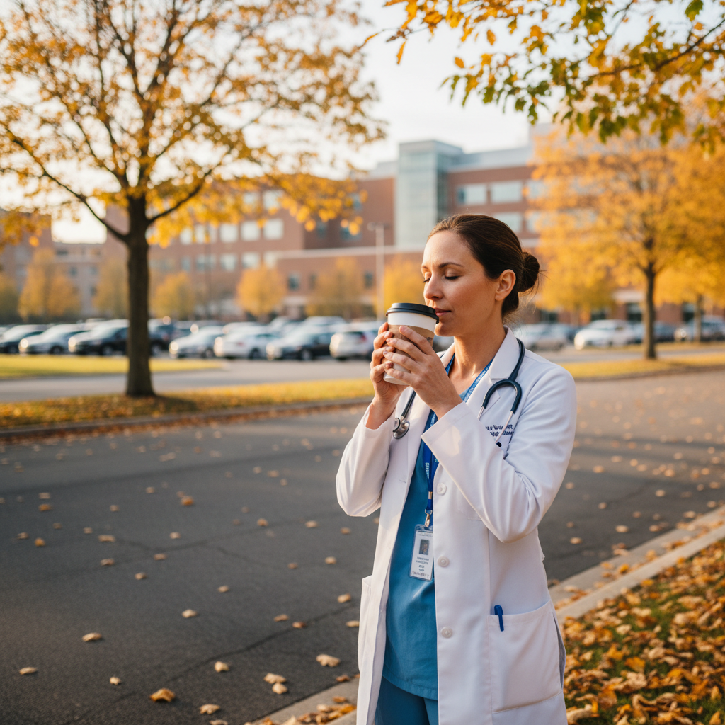 Nurse enjoying morning sunlight outdoors in fall before hospital shift