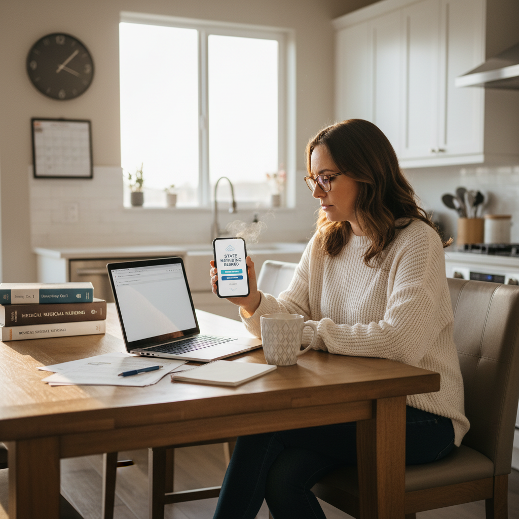 Nurse reviewing license renewal information on laptop at home kitchen table on Sunday morning