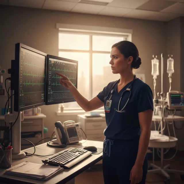 Step-down nurse reviewing cardiac EKG strips at monitoring station in progressive care unit