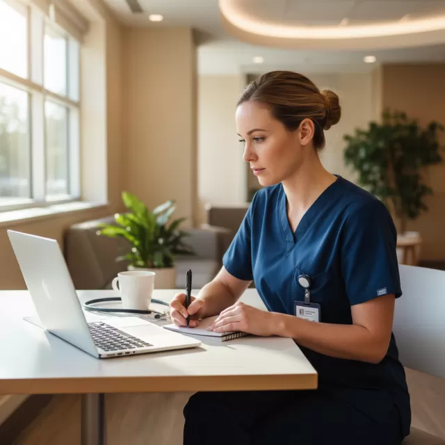Registered nurse studying at laptop in hospital break room for professional development
