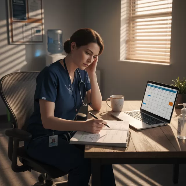 Healthcare professional writing month-end reflection notes at hospital break room desk