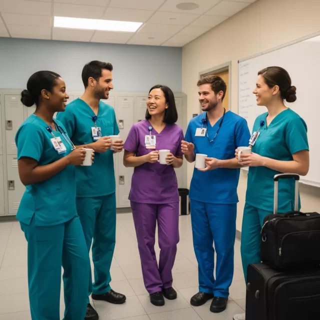 Five travel nurses in scrubs chatting together in hospital break room