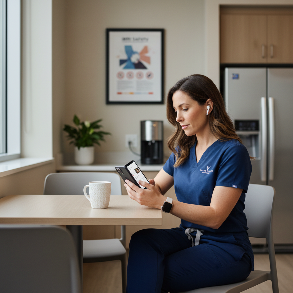 Radiology tech listening to educational podcast during break in hospital setting