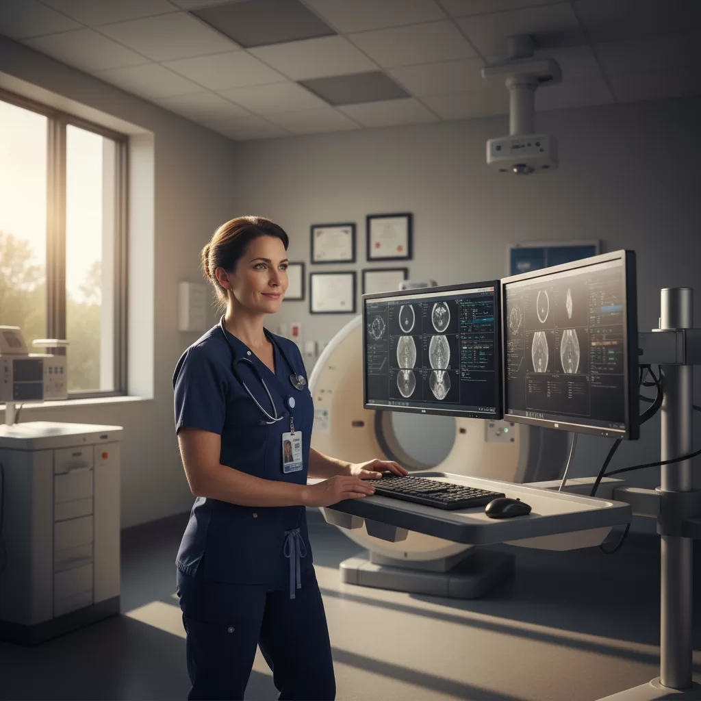 Radiology technologist reviewing imaging protocols at CT scanner console in modern hospital suite