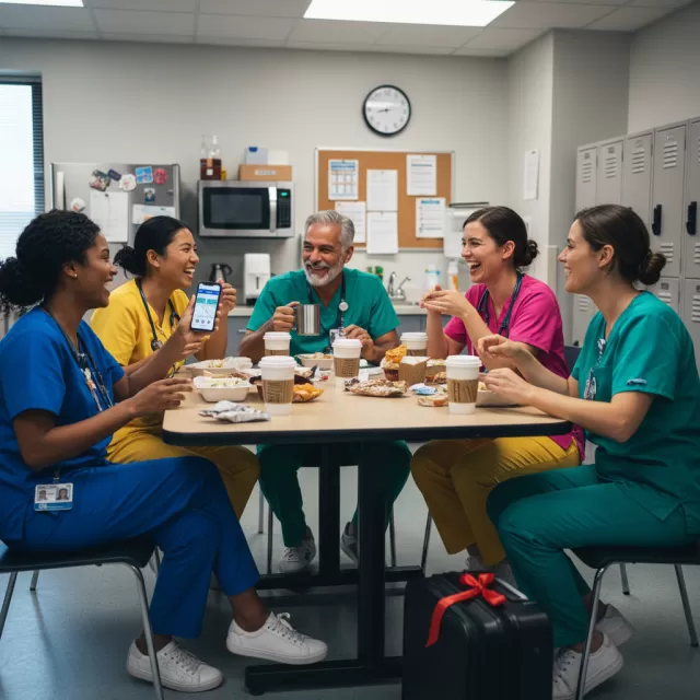 Travel nurses chatting together in hospital break room during lunch