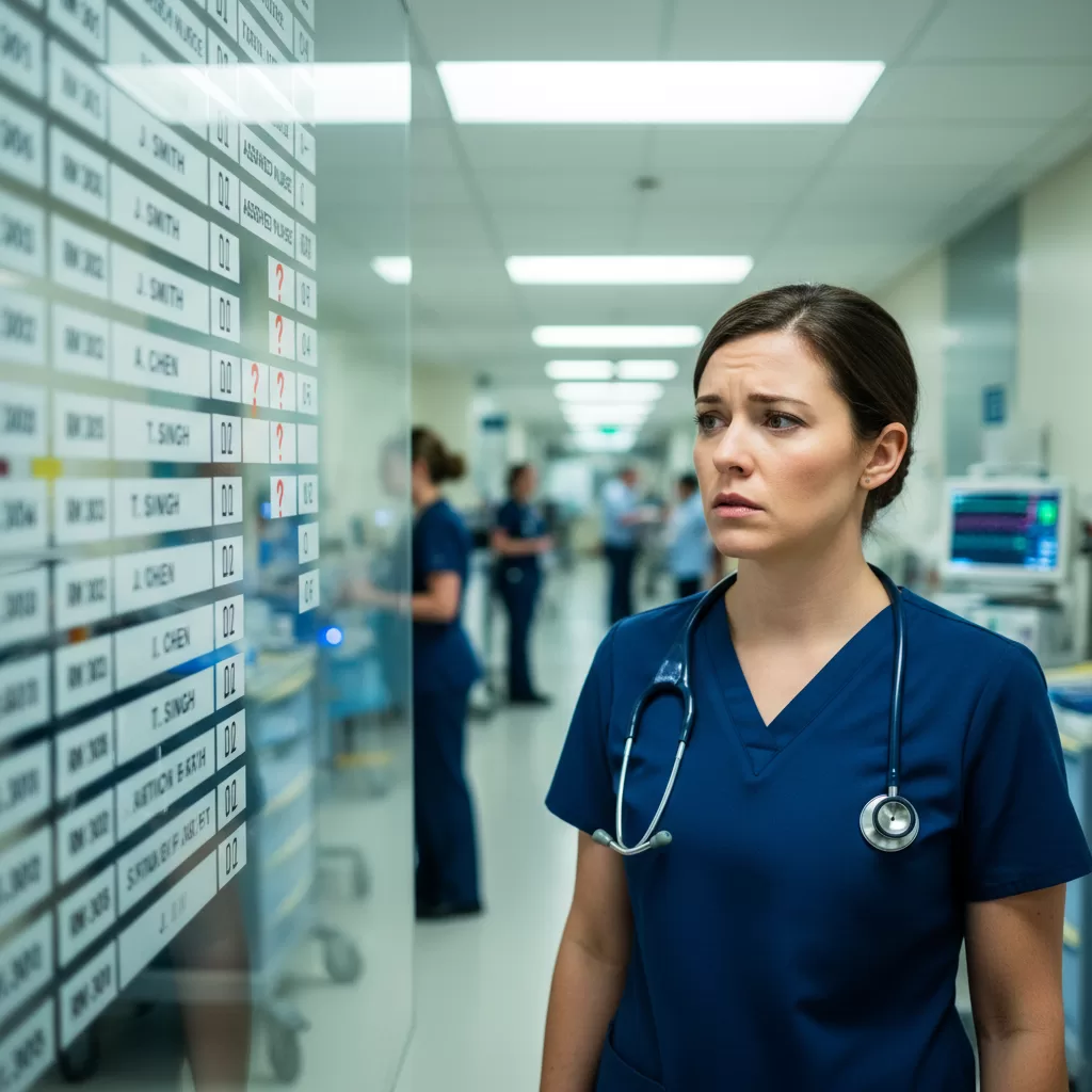 Nurse reviewing patient assignment board showing understaffing concerns at hospital nursing station
