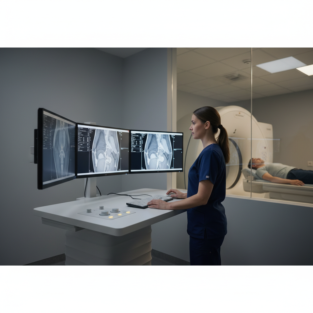 Radiology technologist operating CT scanner console in modern hospital imaging suite