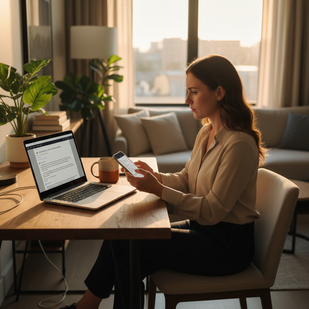 Travel nurse reviewing recruiter messages at home office desk with laptop and smartphone