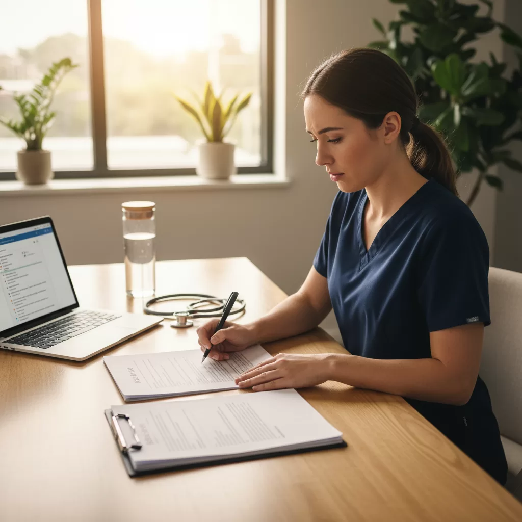 Allied health professional reviewing job offer documents at clinic desk