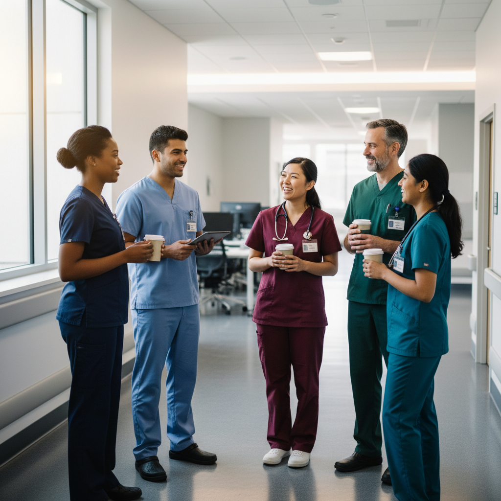 Diverse healthcare team of nurses and allied professionals collaborating in hospital hallway