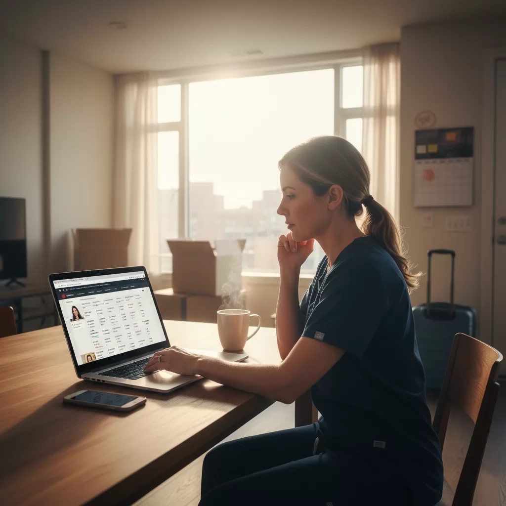 Travel nurse reviewing 8-week contract options on laptop in apartment