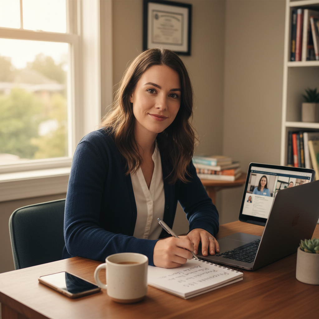 Travel nurse preparing questions at home desk for first recruiter call