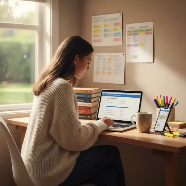 Nursing student studying NCLEX retake materials at organized desk with laptop and review books