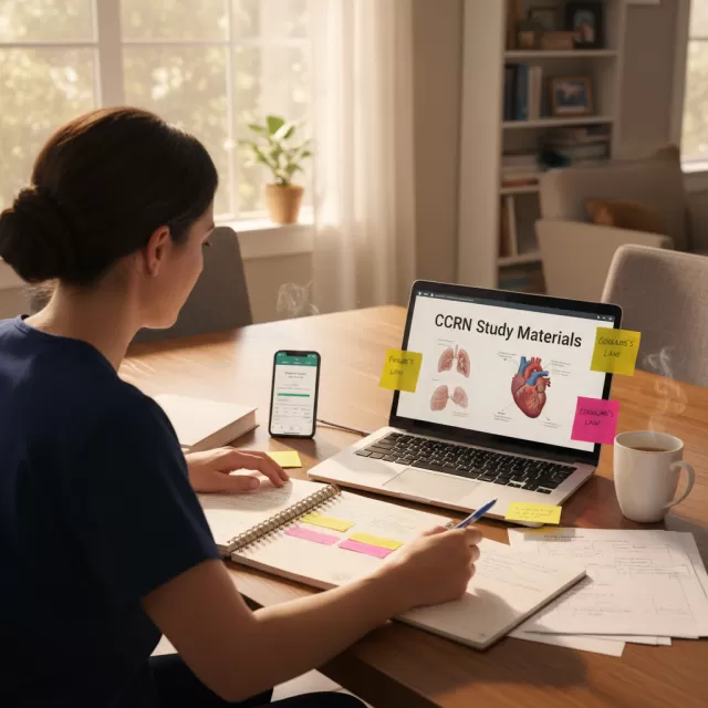 Nurse studying for certification exam at home with laptop and review materials on table