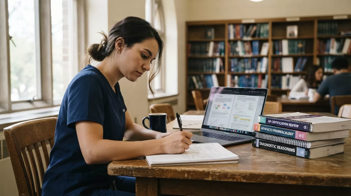 Nurse practitioner student studying certification exam materials at library desk with laptop and textbooks