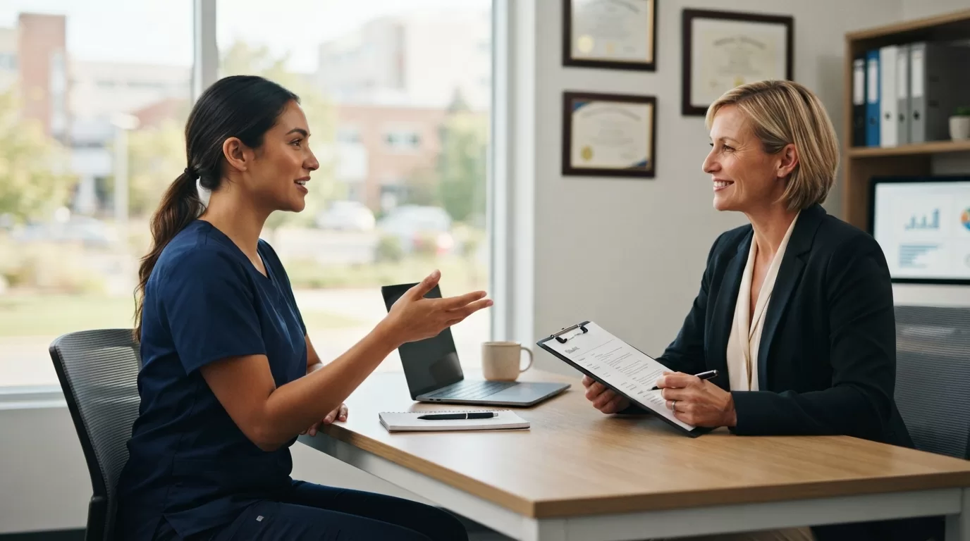 Occupational therapist interviewing for acute care hospital position with hiring manager