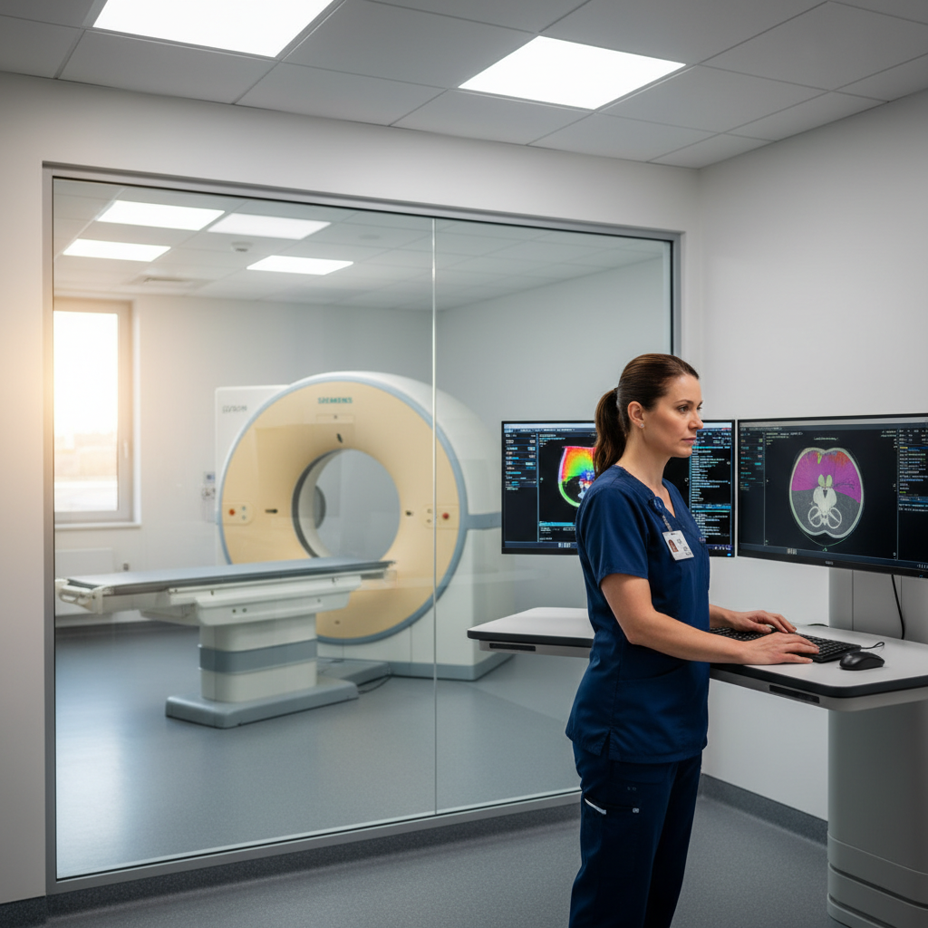 Nuclear medicine technologist at PET CT scanner console reviewing scan protocols in hospital imaging suite