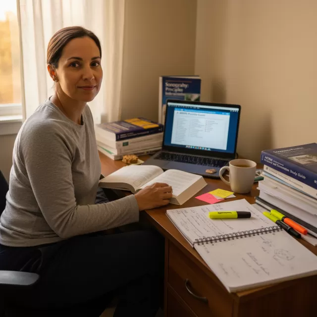 Ultrasound tech studying registry prep materials at home desk with laptop and textbooks