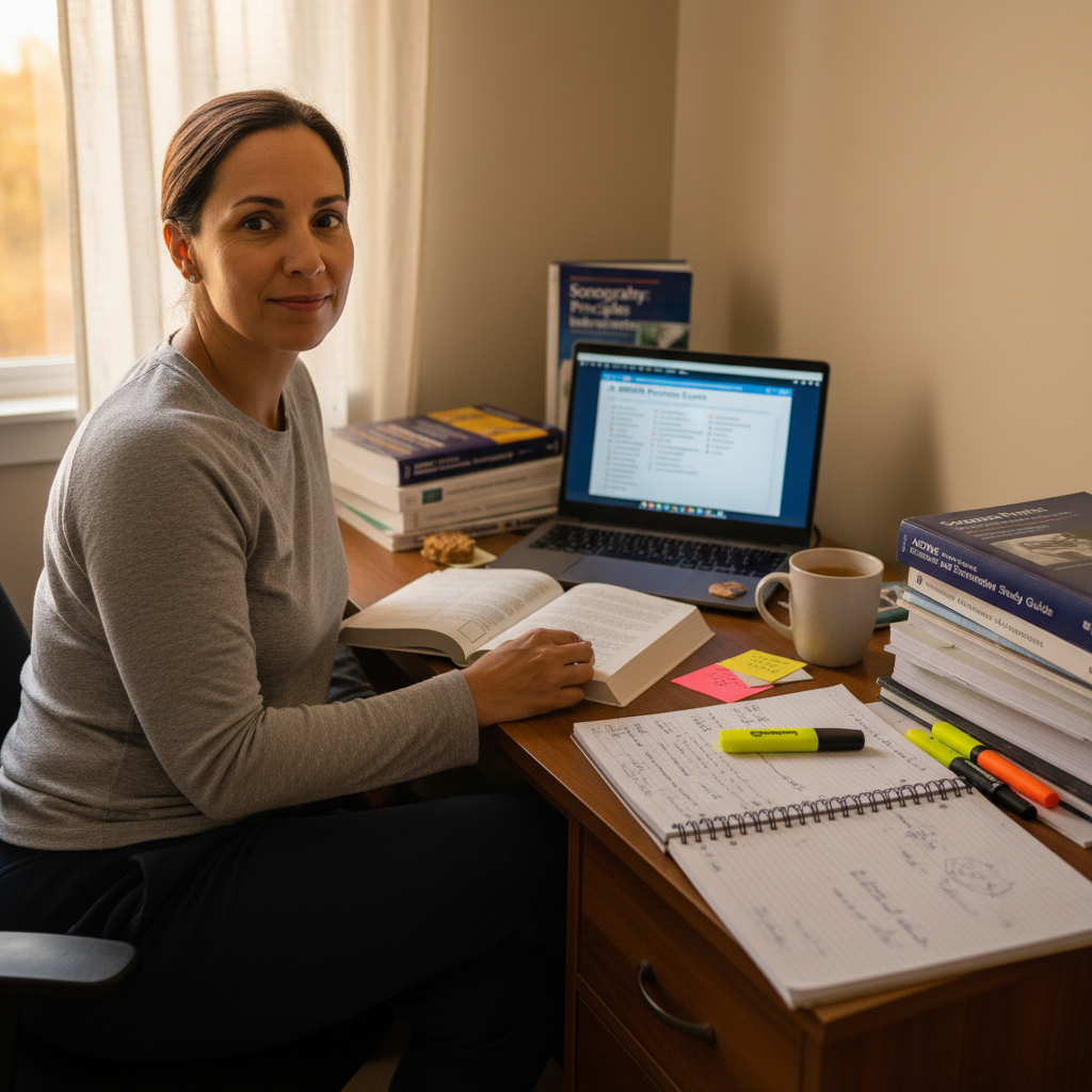 Ultrasound tech studying registry prep materials at home desk with laptop and textbooks
