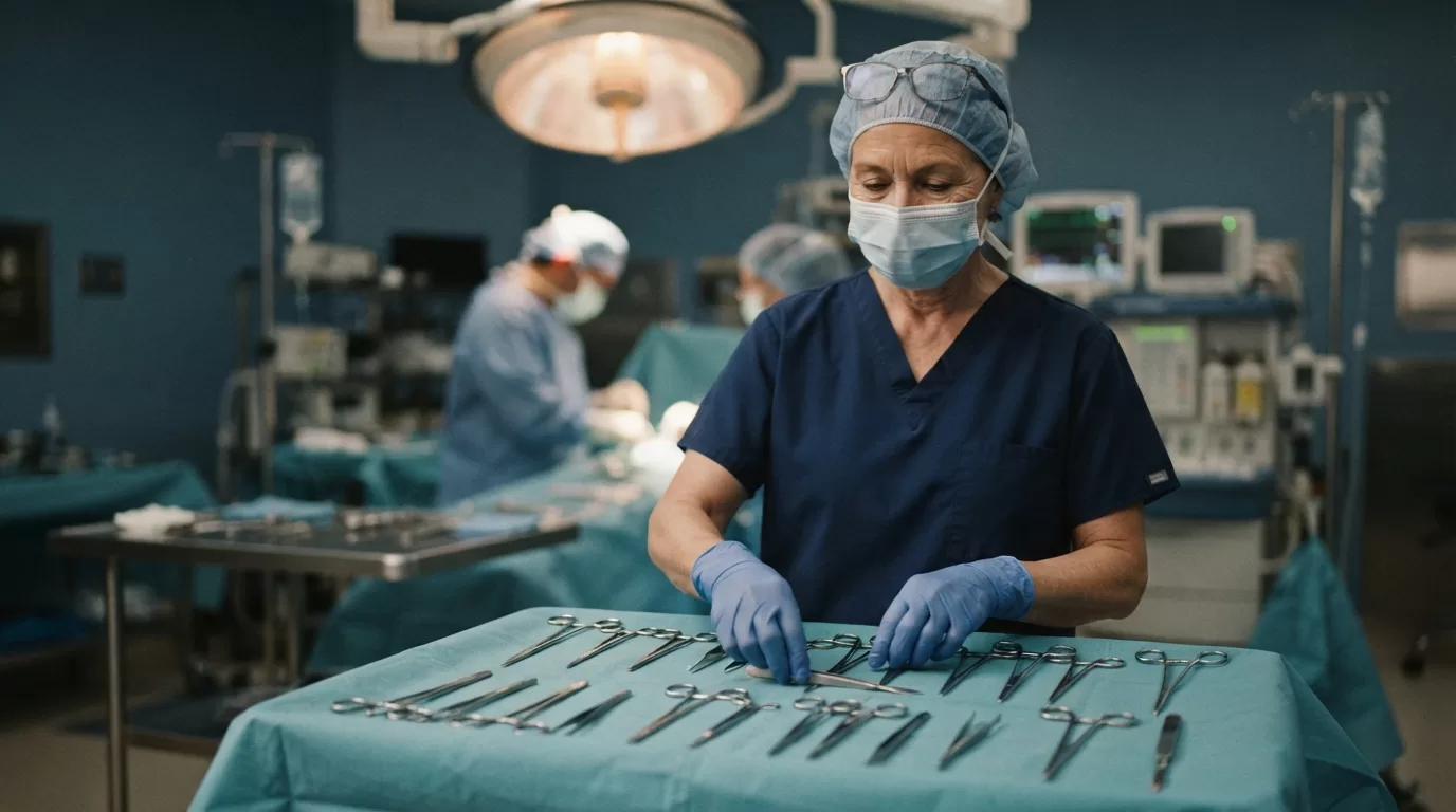 Veteran surgical technologist arranging instruments at sterile field in operating room