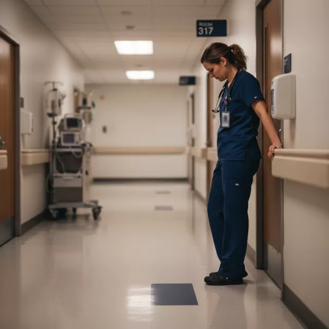 Nurse standing alone in hospital hallway after difficult code, reflecting in quiet moment