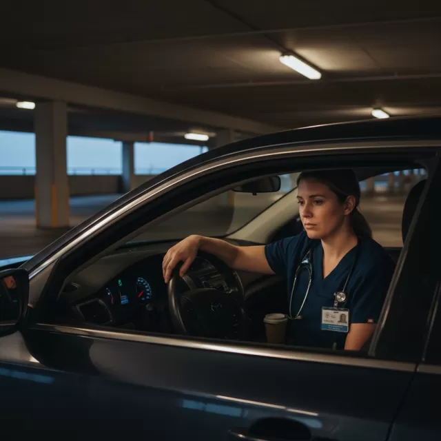 Respiratory therapist sitting in car after night shift, reflecting on difficult code situations