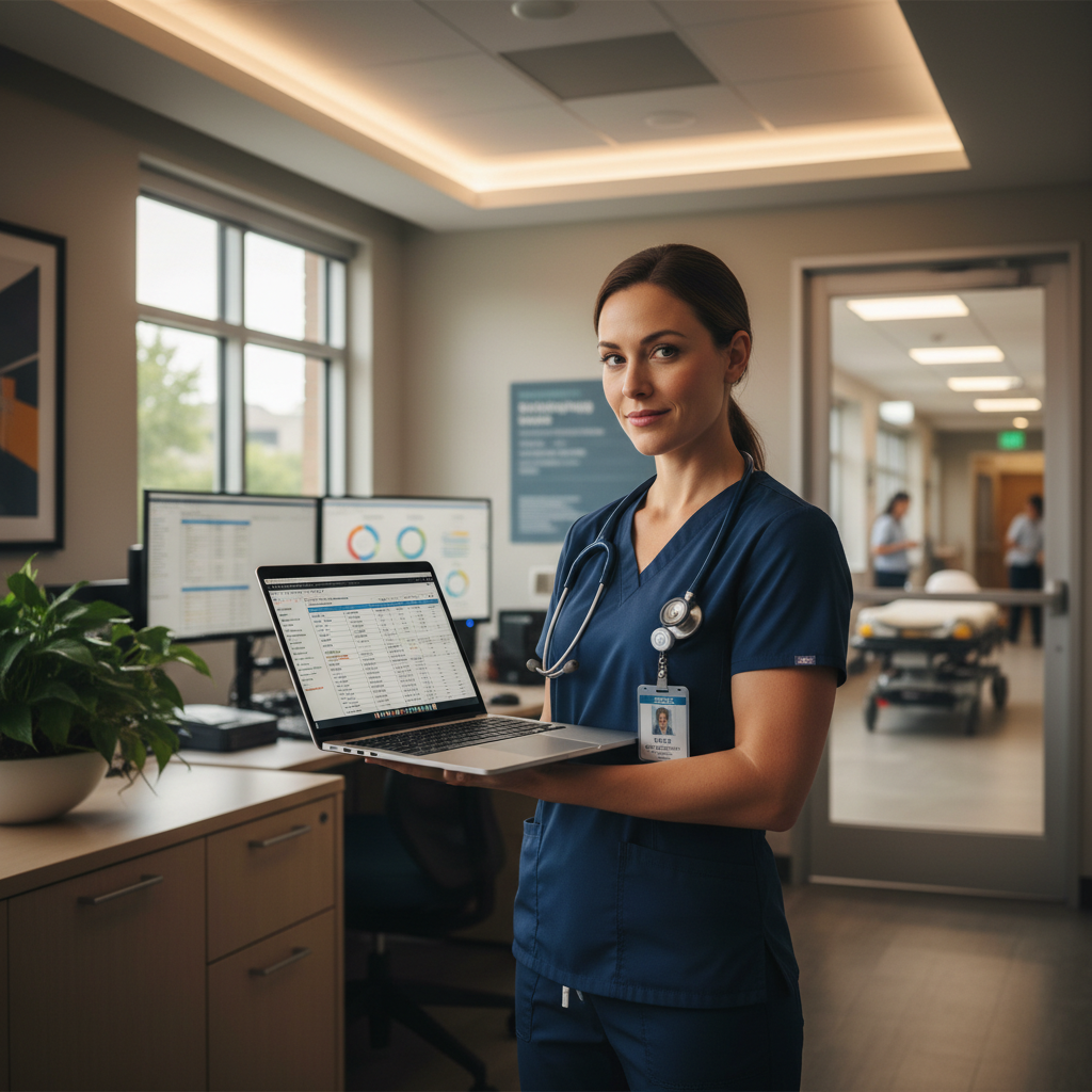 Travel nurse reviewing direct-hire contract documents in hospital administrative office