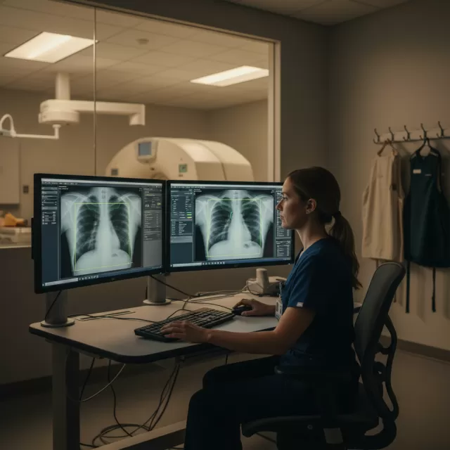 Radiology tech reviewing AI-assisted X-ray images at diagnostic workstation in modern hospital reading room