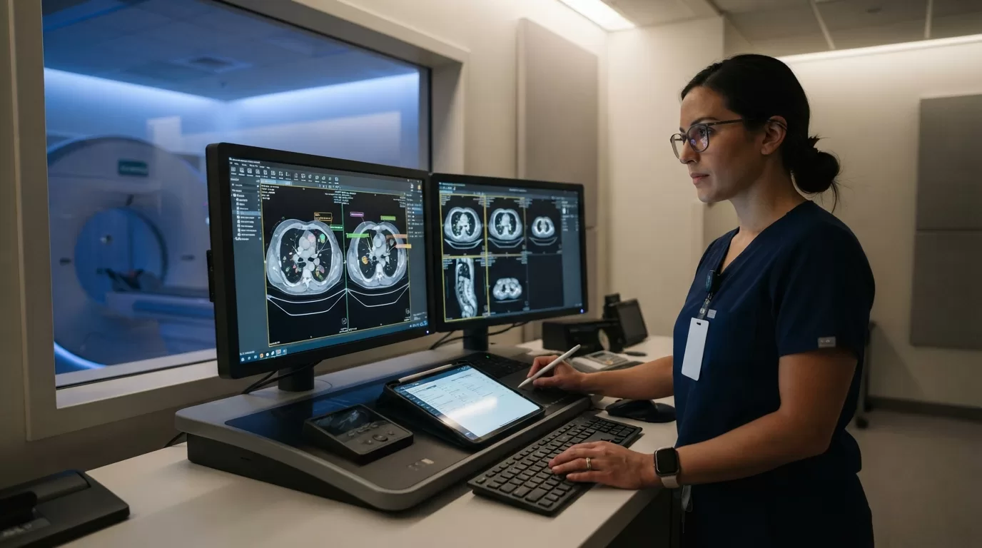 Radiology tech reviewing CT images with AI analysis on dual monitors in modern imaging suite