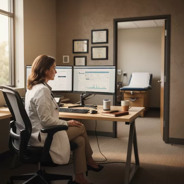 Physician reviewing AI-generated clinical documentation on computer in modern outpatient clinic office
