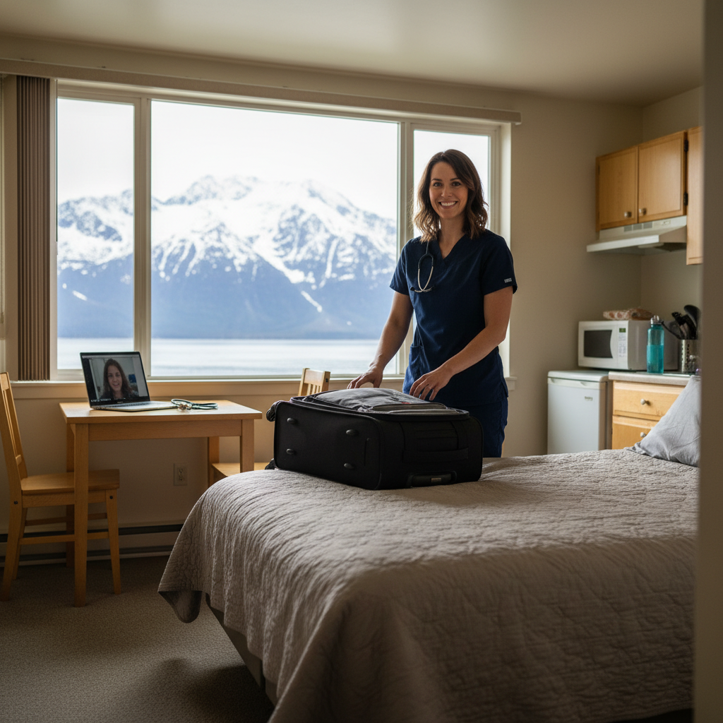 Travel nurse unpacking in Alaska apartment with mountain view through window