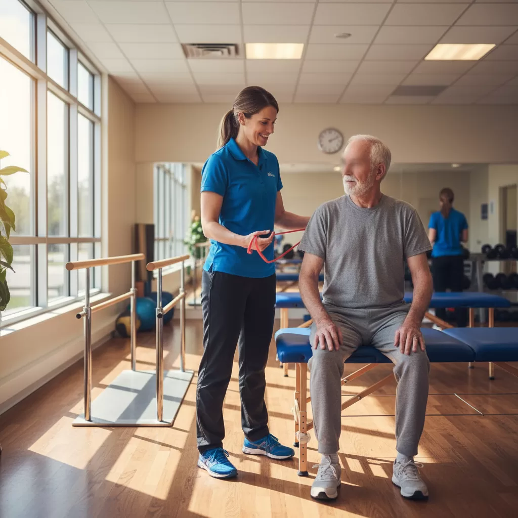 Physical therapist working with patient during weekend shift in rehabilitation gym
