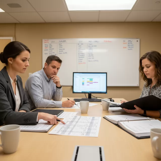 Hospital administrators reviewing internal staffing schedules and float pool assignments at conference table